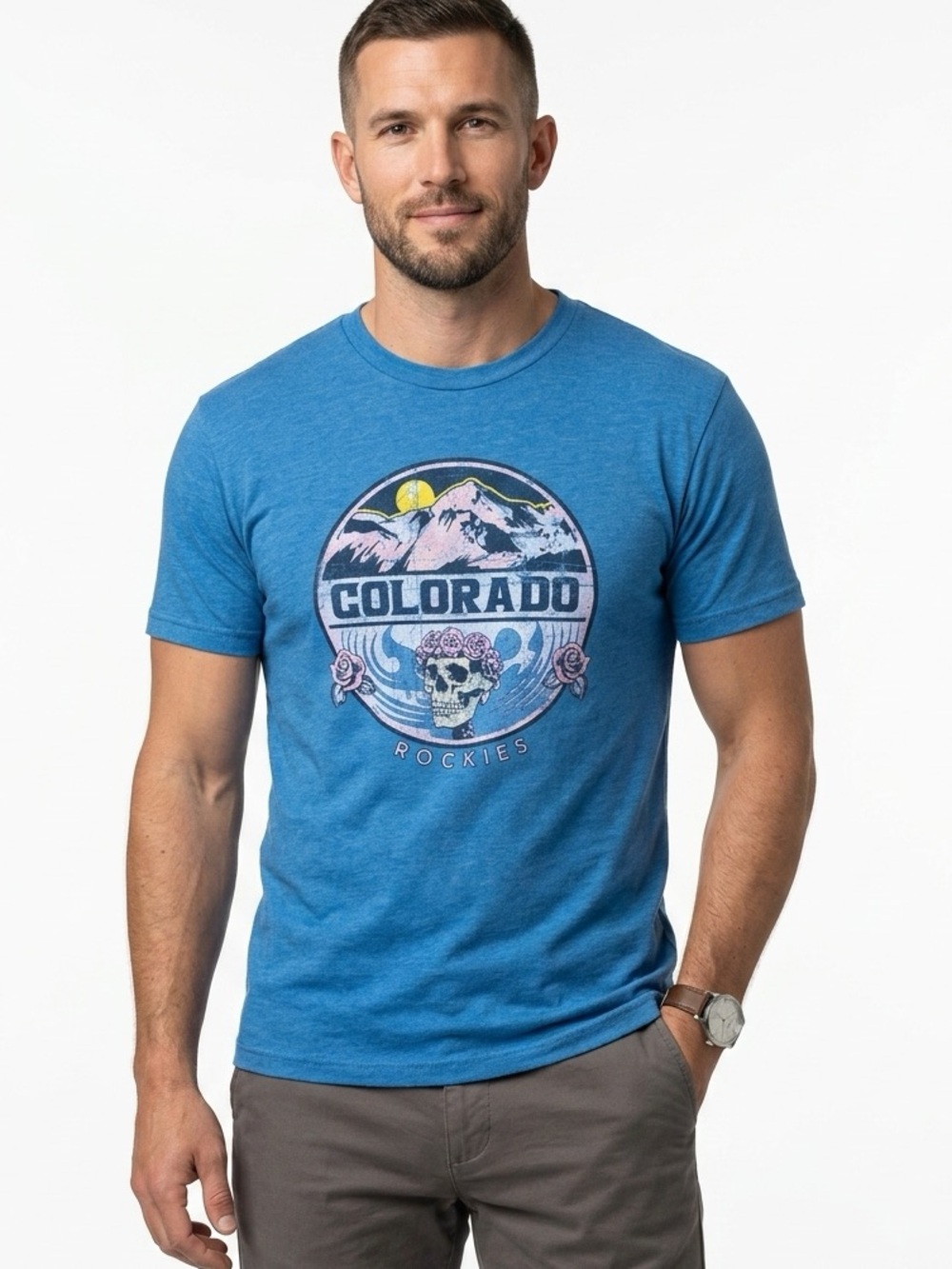 District V.I.T. Colorado Rockies Graphic Tee Skull & Roses Aqua Blue M